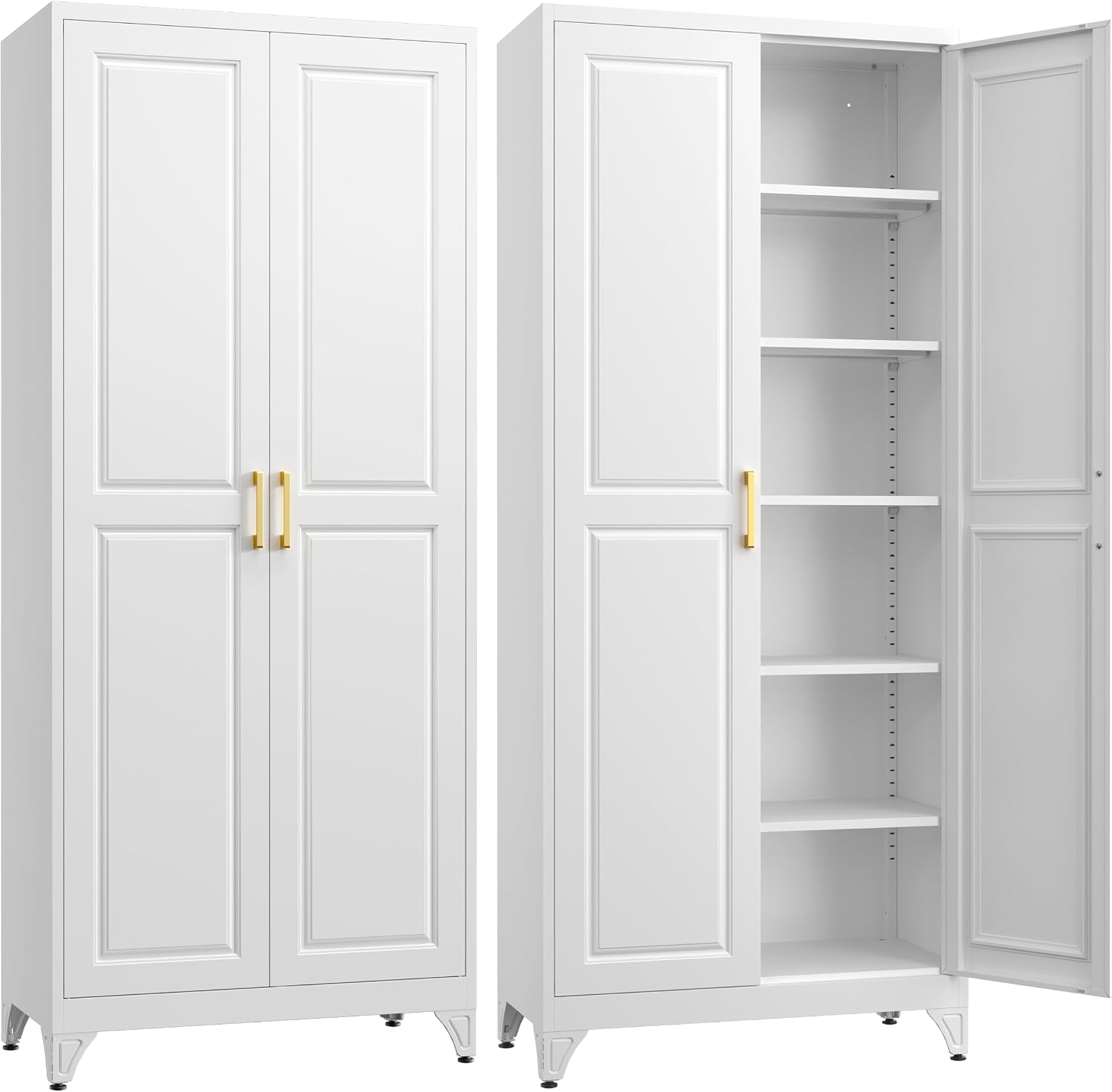 Steeloong 71"Metal Pantry Storage Cabinet with Doors & 4 Adjustable Shelves | Kitchen Pantry Cabinet,White Kitchen Cabinet with 2 Gold Handles,Tall Cabinet for Livingroom,Pantry, Bathroom,Kitchen