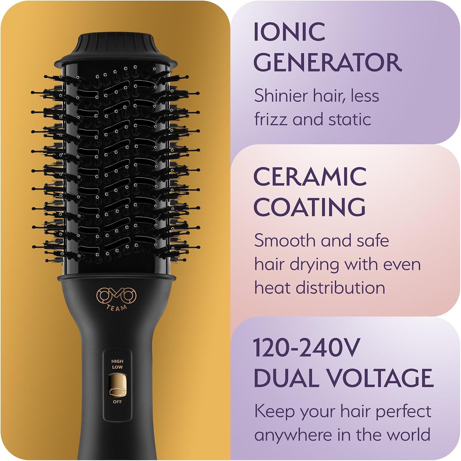 Professional Blowout Hair Dryer Brush, Black Gold Dryer and Volumizer, Hot Air Brush for Women, 75MM Oval Shape (Black Gold)