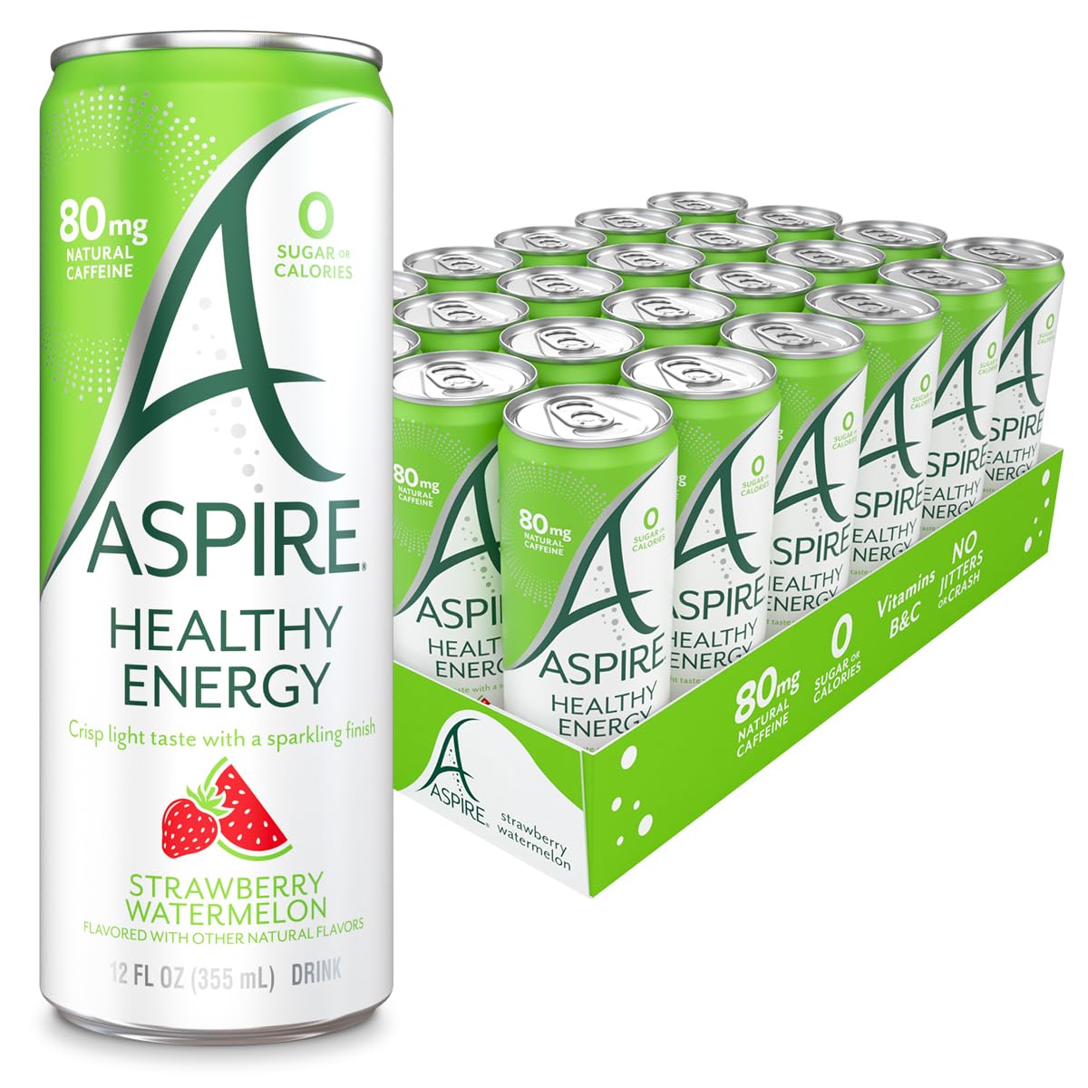 ASPIRE® Raspberry Acai, Healthy Energy Drink 80mg Natural Caffeine, Zero Sugar No Carbs Keto Friendly, 12 Pack Green Tea Sugar Free Drink Low Caffeine Zero Calorie
