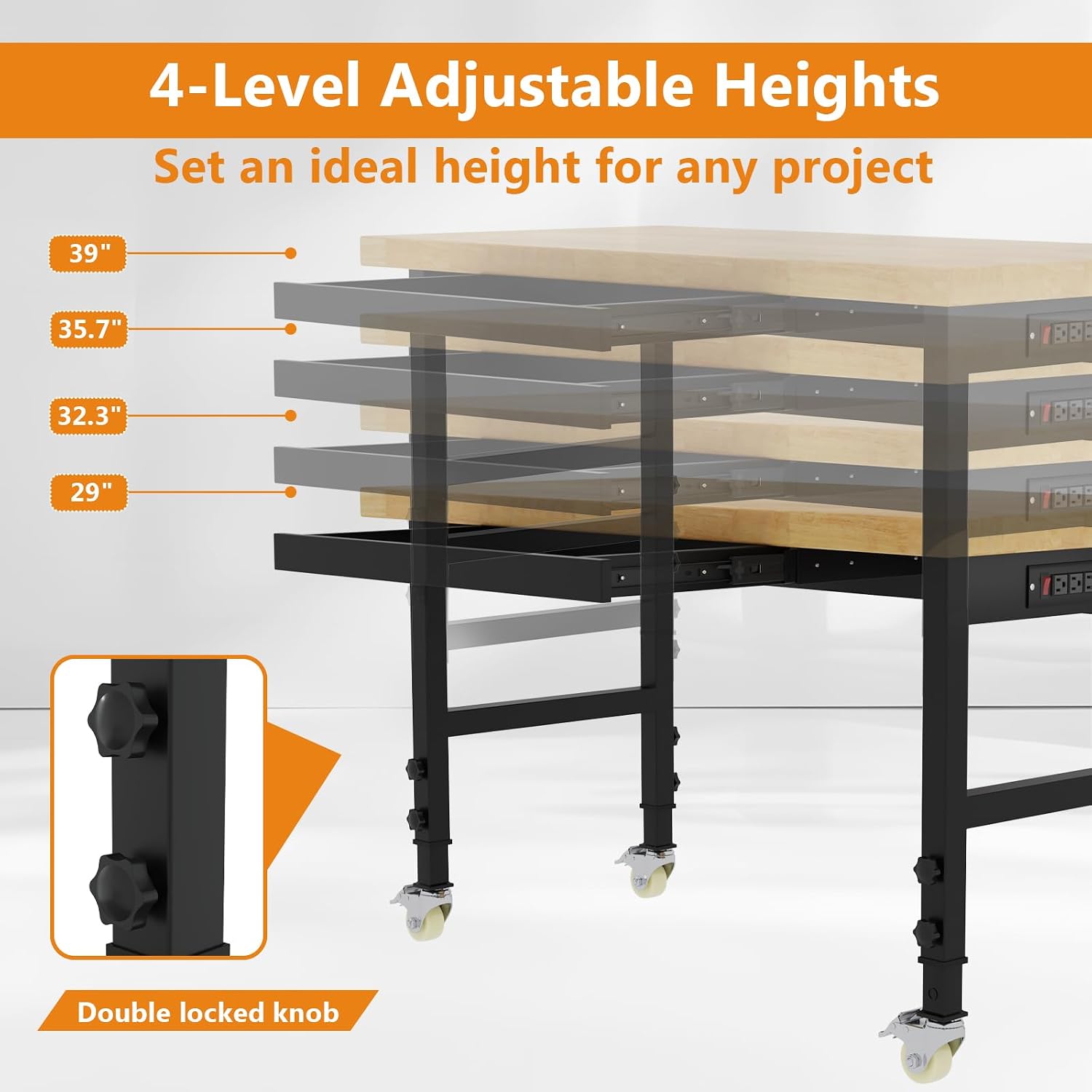 48" Heavy Duty Work Bench with Drawers, Adjustable Height Workbench with Wheels, 2000 LBS Capacity Work Table with Power Outlets for Garage, Workshop, Office, Home