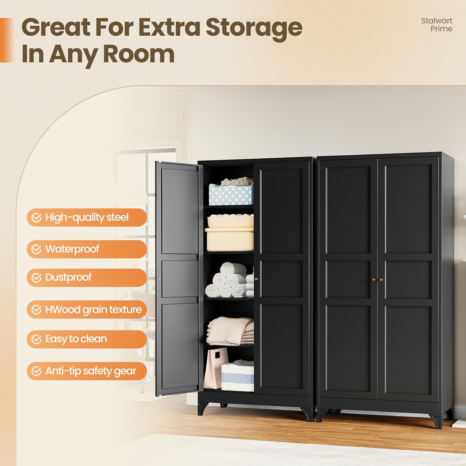 Metal Storage Cabinet with 2 Doors and 4 Adjustable Shelves - 61" White Kitchen Pantry Storage 5-Tier Tall Steel Cabinets Locker for Kitchen, Living Room, Dining Room