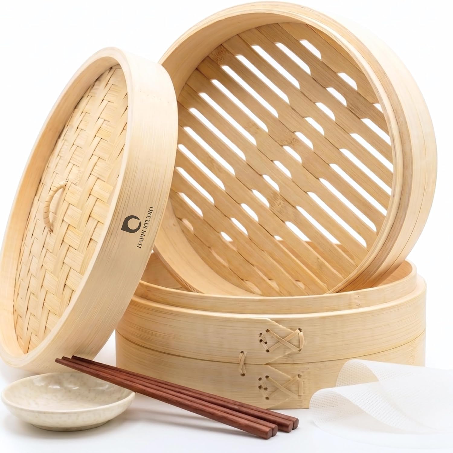 HAPPI STUDIO Bamboo Steamer Basket 10 Inch, Extra Deep Dumpling Steamer Set