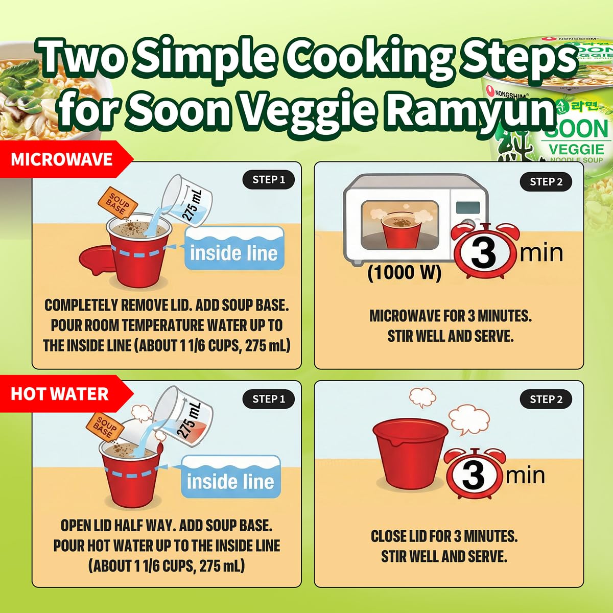 Nongshim Soon Veggie Ramyun Noodles, Signature Korean Instant Ramyun, Vegetable Flavored Broth, Vegan Noodles, Quick & Easy, Microwaveable Cup, 2.64 oz (Pack of 6)