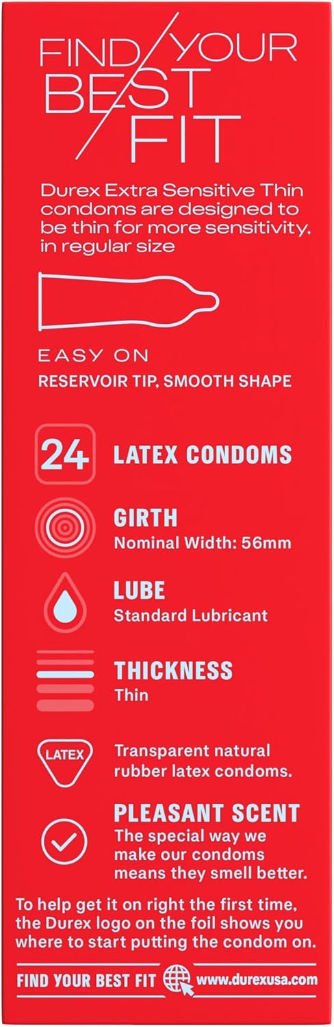 Durex Condoms, Extra Sensitive & Extra Lubricated Condoms, Ultra Fine, Natural Latex Condoms, (Packaging May Vary) , 24 Count (Pack of 2)