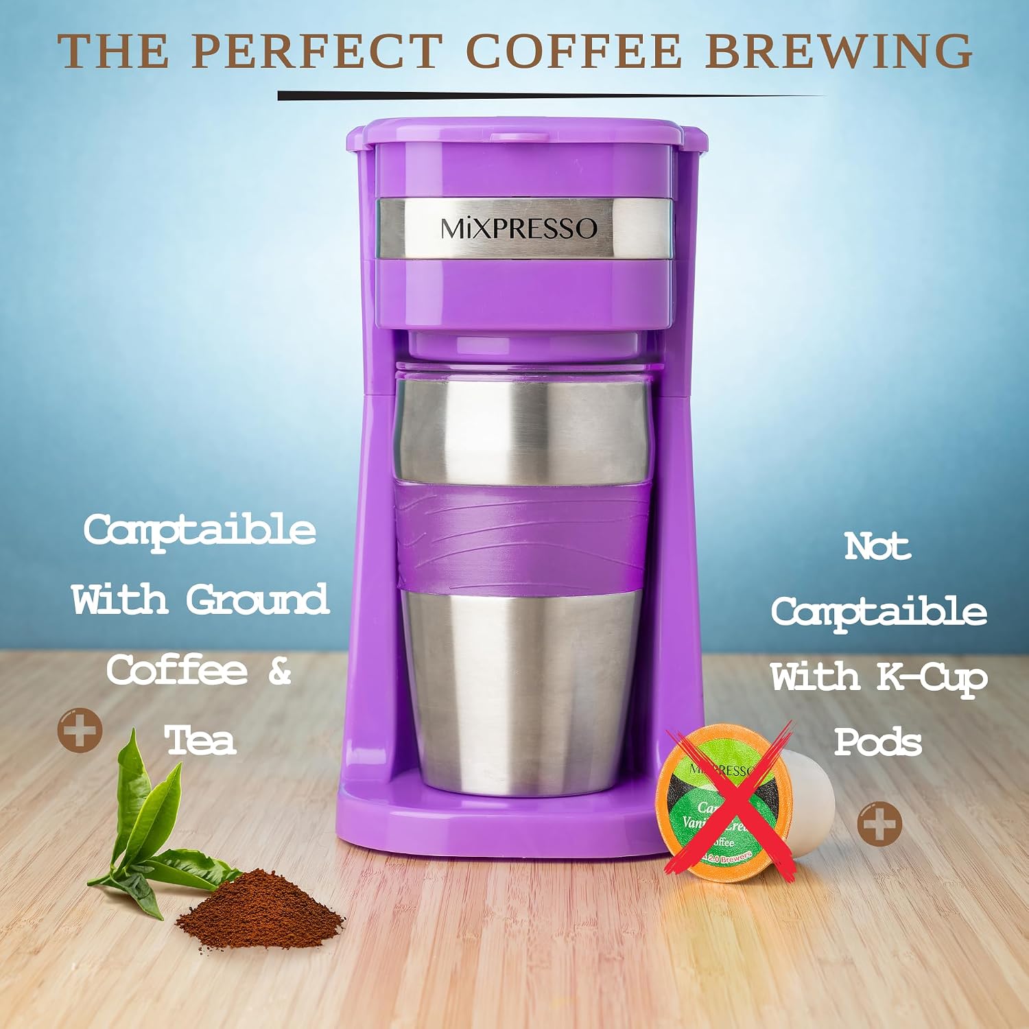 Mixpresso Single Serve & Single Cup Coffee Maker with 14oz Travel Mug Black | For ground coffee only, reusable filter, auto shut off. Compact personal drip coffee maker, not compatible with K-Cup pods.