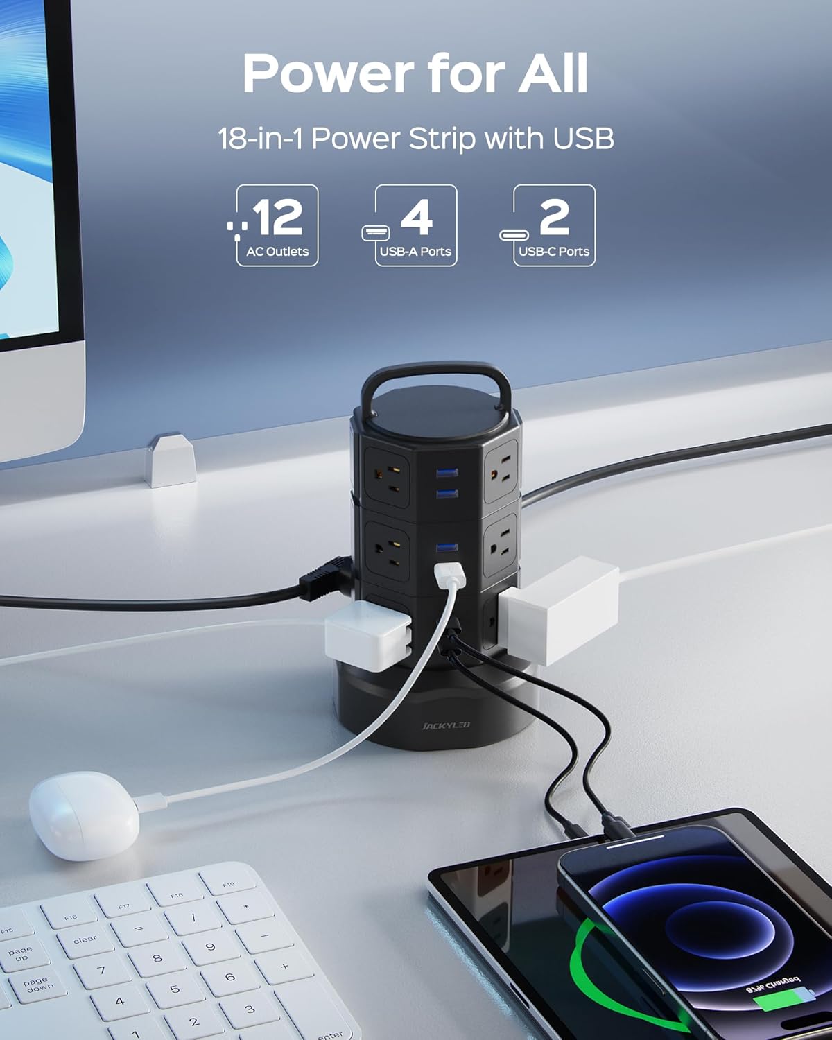 JACKYLED Power Strip Tower Surge Protector, 12 AC 6 USB (2 USB C), 1050J