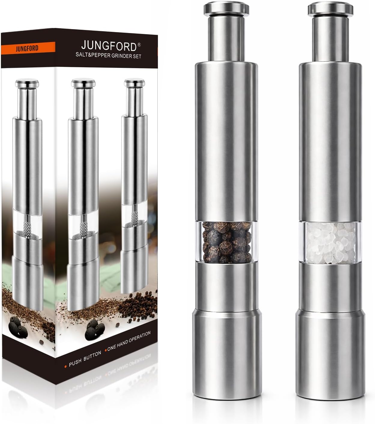 [2 Pieces] Premium Stainless Steel Salt Grinder and Pepper Mill Set for Pepper Sea Salt Himalayan Salt and Spices with Thumb Button for One Hand