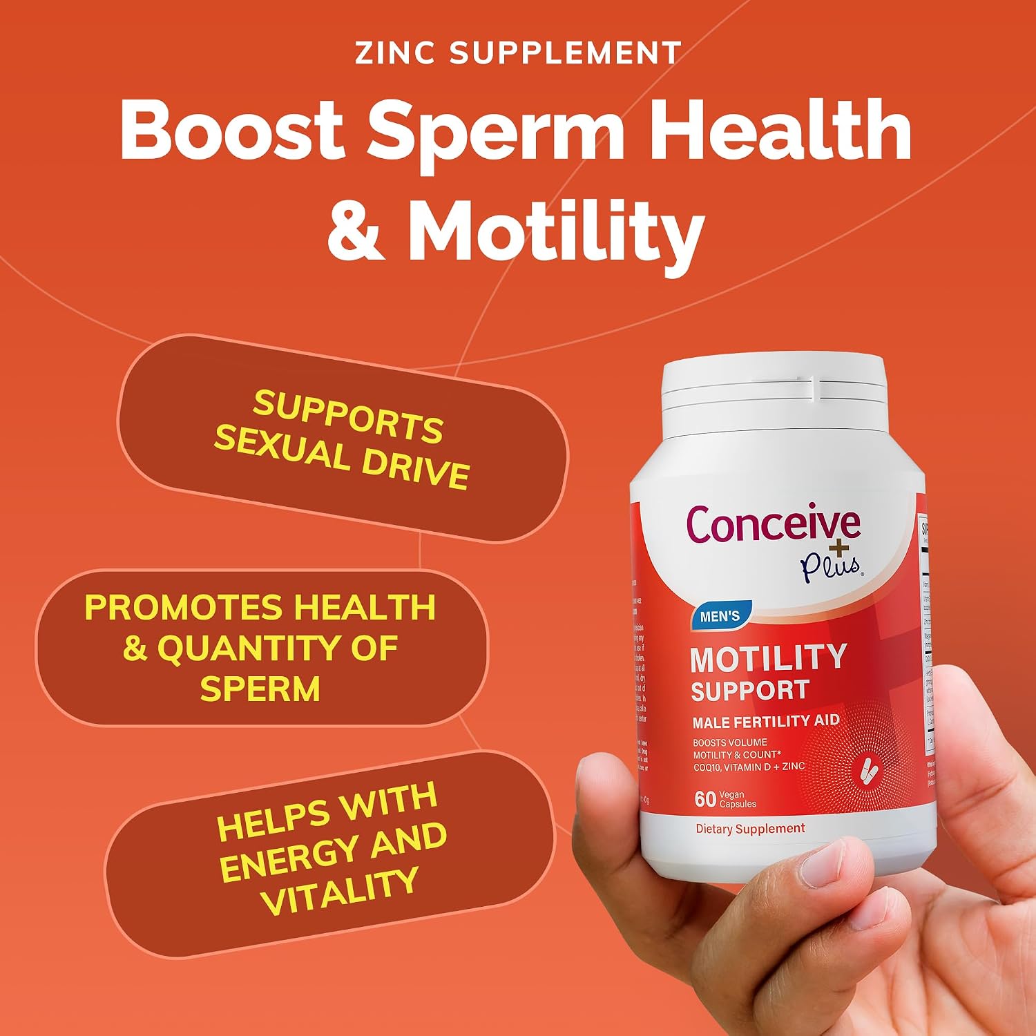 CONCEIVE PLUS Motility Support for Men, Male Fertility Supplement with L Carnitine, CoQ10 and Zinc, 60 Capsules
