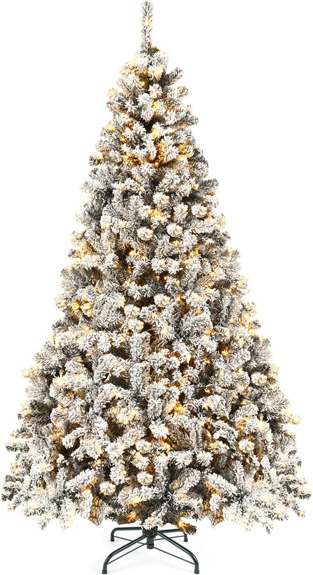 Goplus 7.5ft Pre-Lit Artificial Christmas Tree, Premium PVC Snow Flocked Hinged Pine Tree with Metal Stand and LED Lights