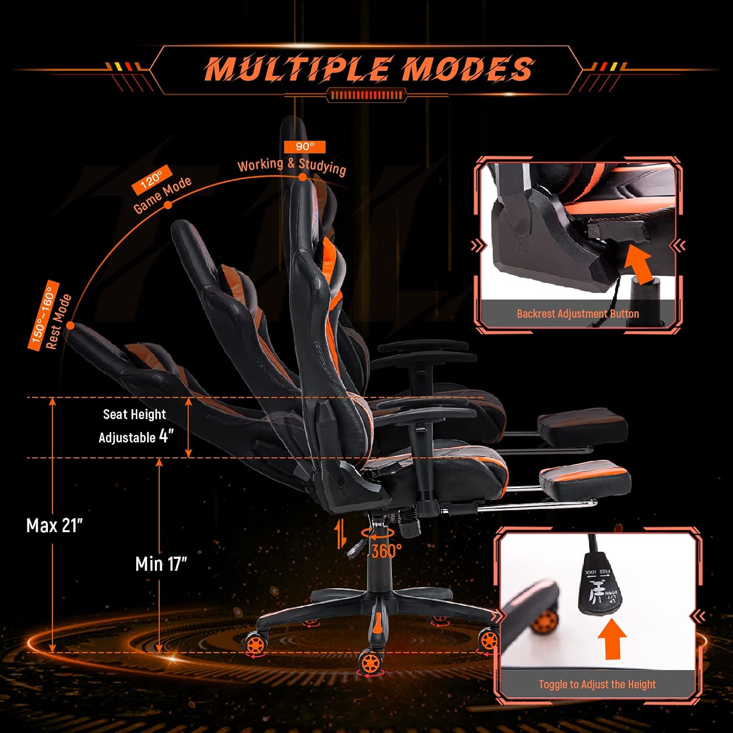 AA Products Gaming Chair Ergonomic High Back Computer Racing Chair Adjustable Office Chair with Footrest, Lumbar Support Swivel Chair - Black