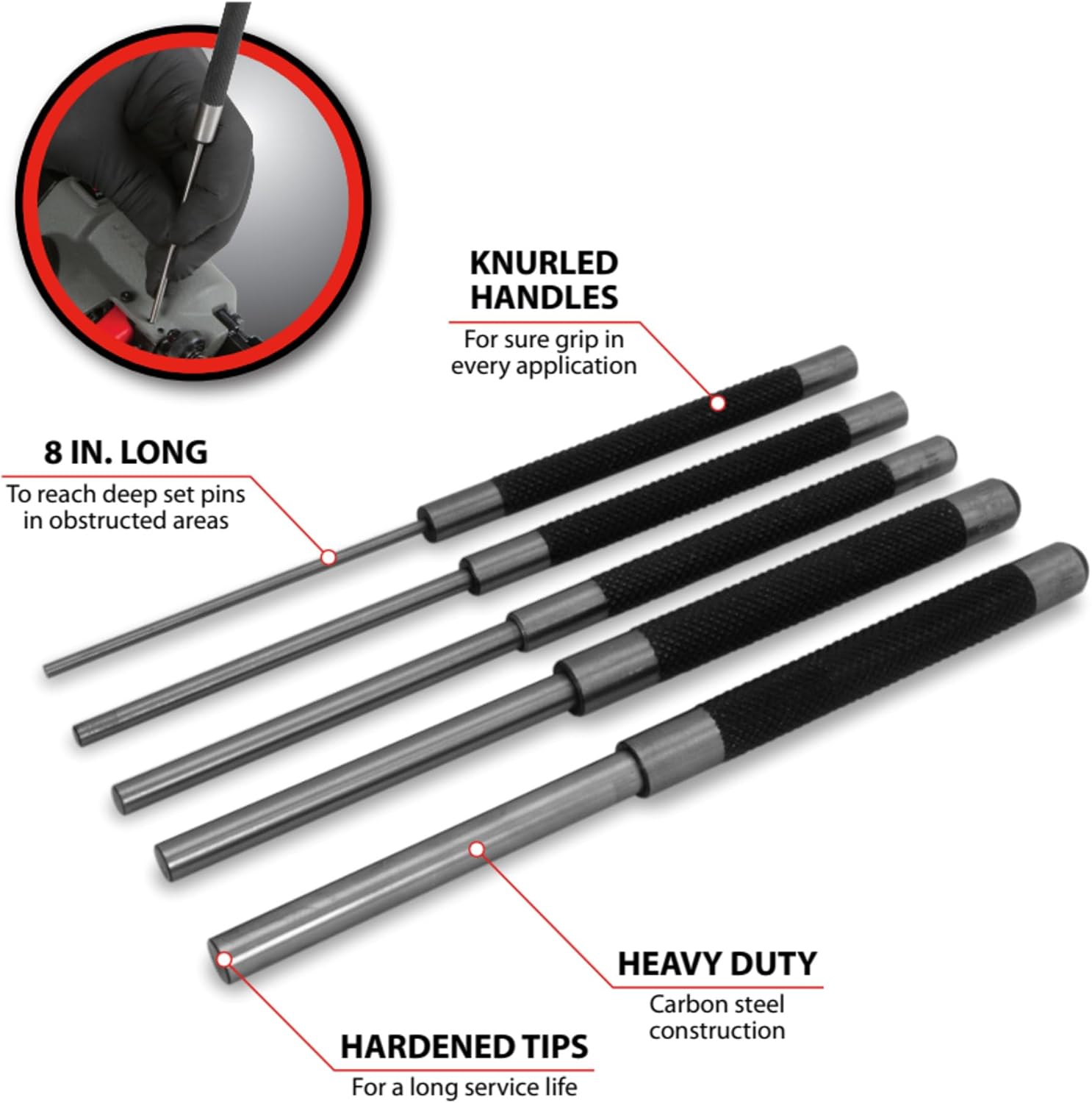 Performance Tool W758 5-Piece 8 in. Long Pin Punch Set | Carbon steel construction with hardened tips. Knurled handles for sure grip. Reaches deeply set pins