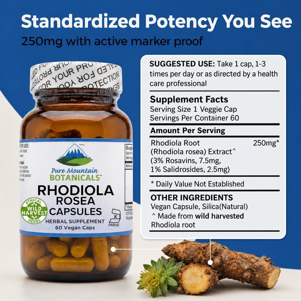 Pure Mountain Botanicals Rhodiola Rosea Supplement - 60 Capsules 250mg - Root Extract Standardized 3% Rosavins 1% Salidroside - Vegan Kosher Gluten