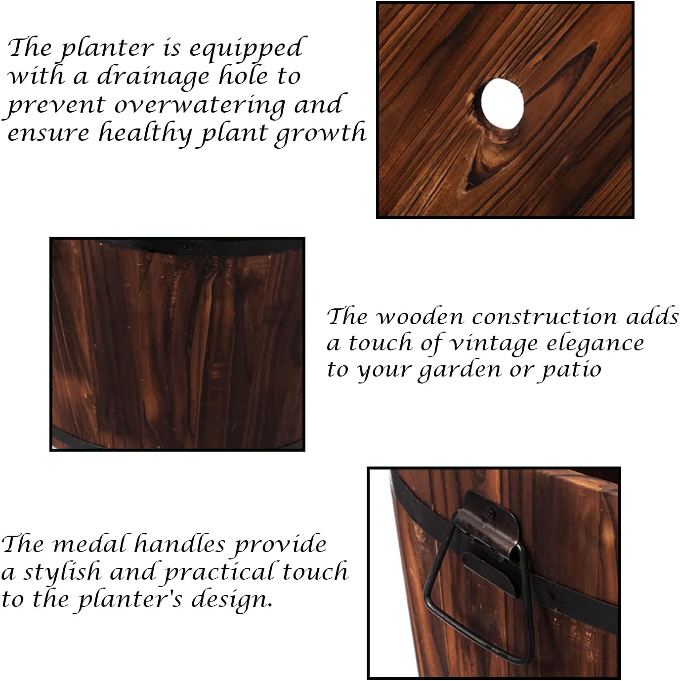Rustic Wooden Whiskey Barrel Planter with Durable Medal Handles and Drainage Hole - Perfect for Indoor and Outdoor Plants, Herbs, and Vegetables - Medium