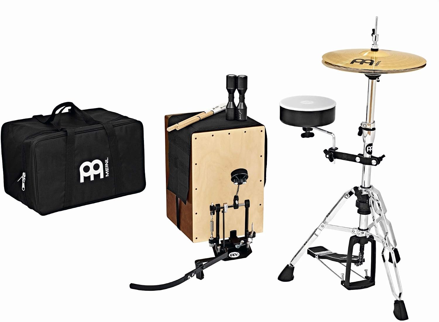 Cajon Box Drum Set Kit for Low Volume Acoustic Music with Snare, Hihat Cymbals, Pedal, Shaker, Rods, Bag and Hardware