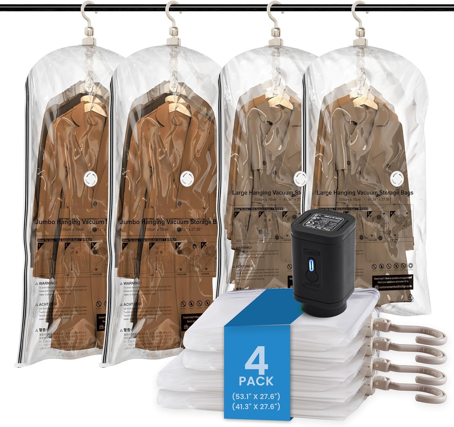 TAILI Hanging Vacuum Storage Bags, Space Save Vacuum seal bags for Clothing Travel, Suits and Jackets, Winter Coat Storage Closet Organizers, Set of 4 (2 Long, 2 Short), Clear