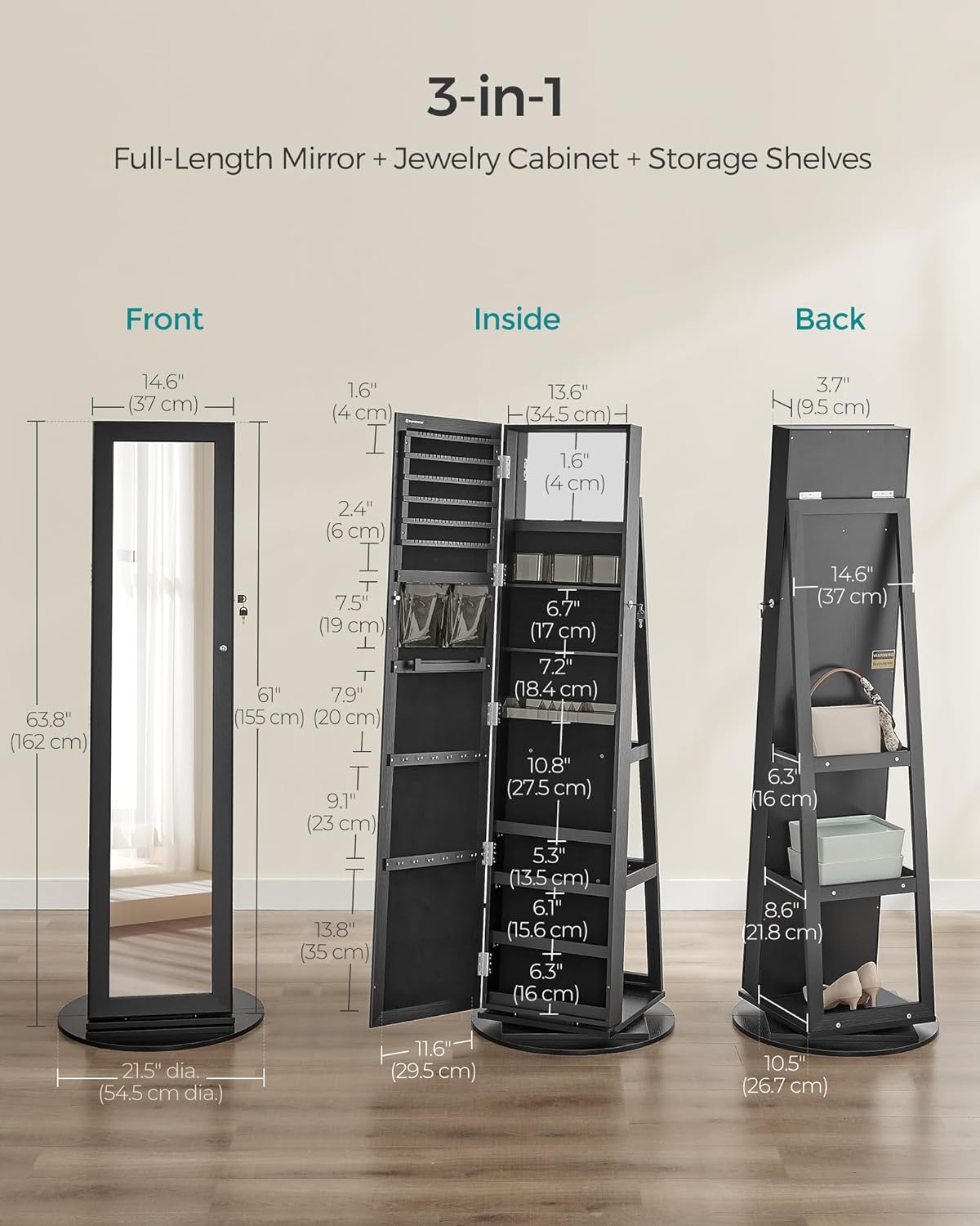 SONGMICS 360° Swivel Jewelry Cabinet, Full-Length Mirror, Lockable
