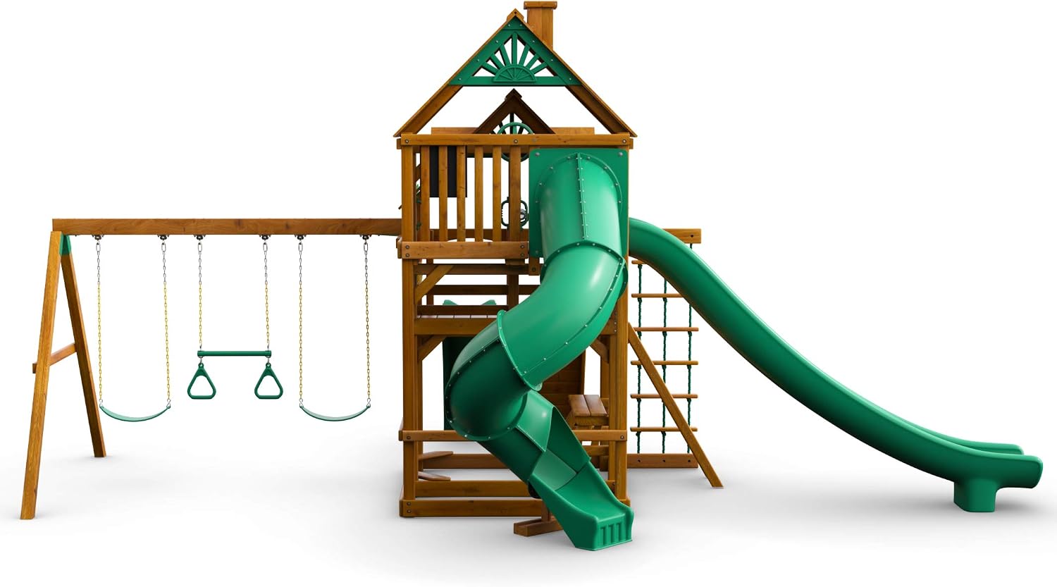 Gorilla Playsets 01-0031-AP Great Skye II Wood Swing Set with Wood Roof, 3 Slides, and Rock Wall, Brown