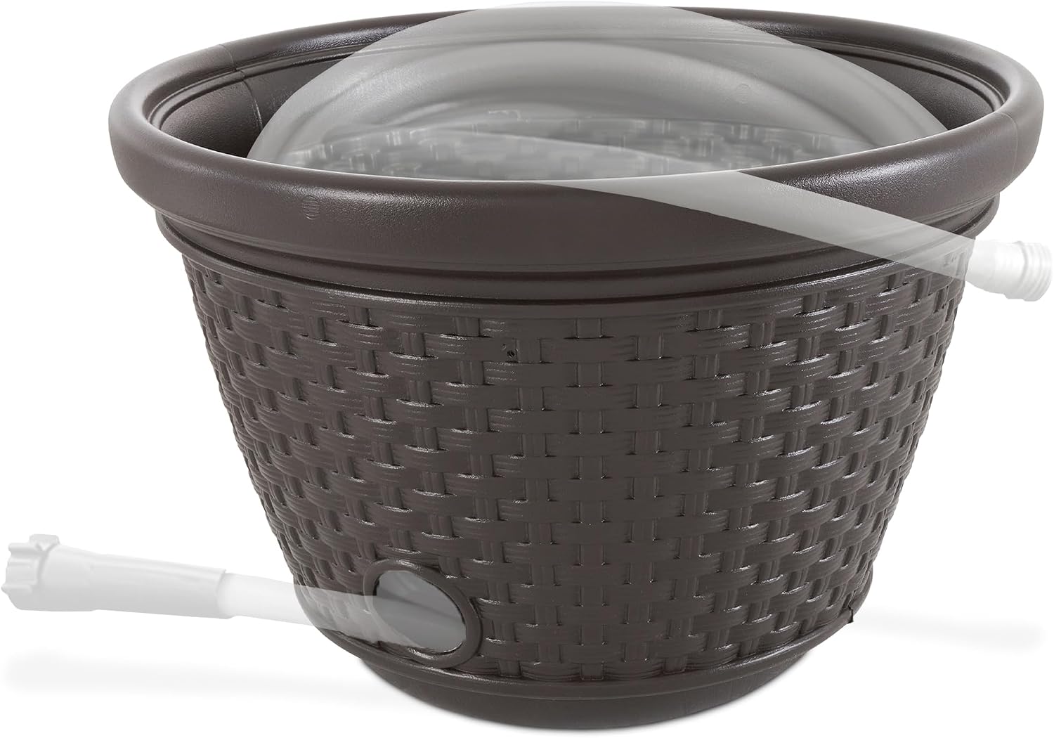 Suncast Decorative Wicker Garden Hose Holder Pot with 4 Drain Holes for 100 Foot Hoses, Java