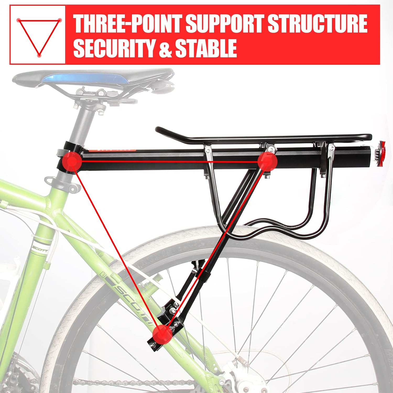HOMEE Rear Bike Rack, Bike Cargo Racks Frame for 26"-29" Frames | Aluminum Alloy Universal Adjustable Cycling Equipment Stand Footstock Bicycle Luggage Carrier with Tools and Reflector