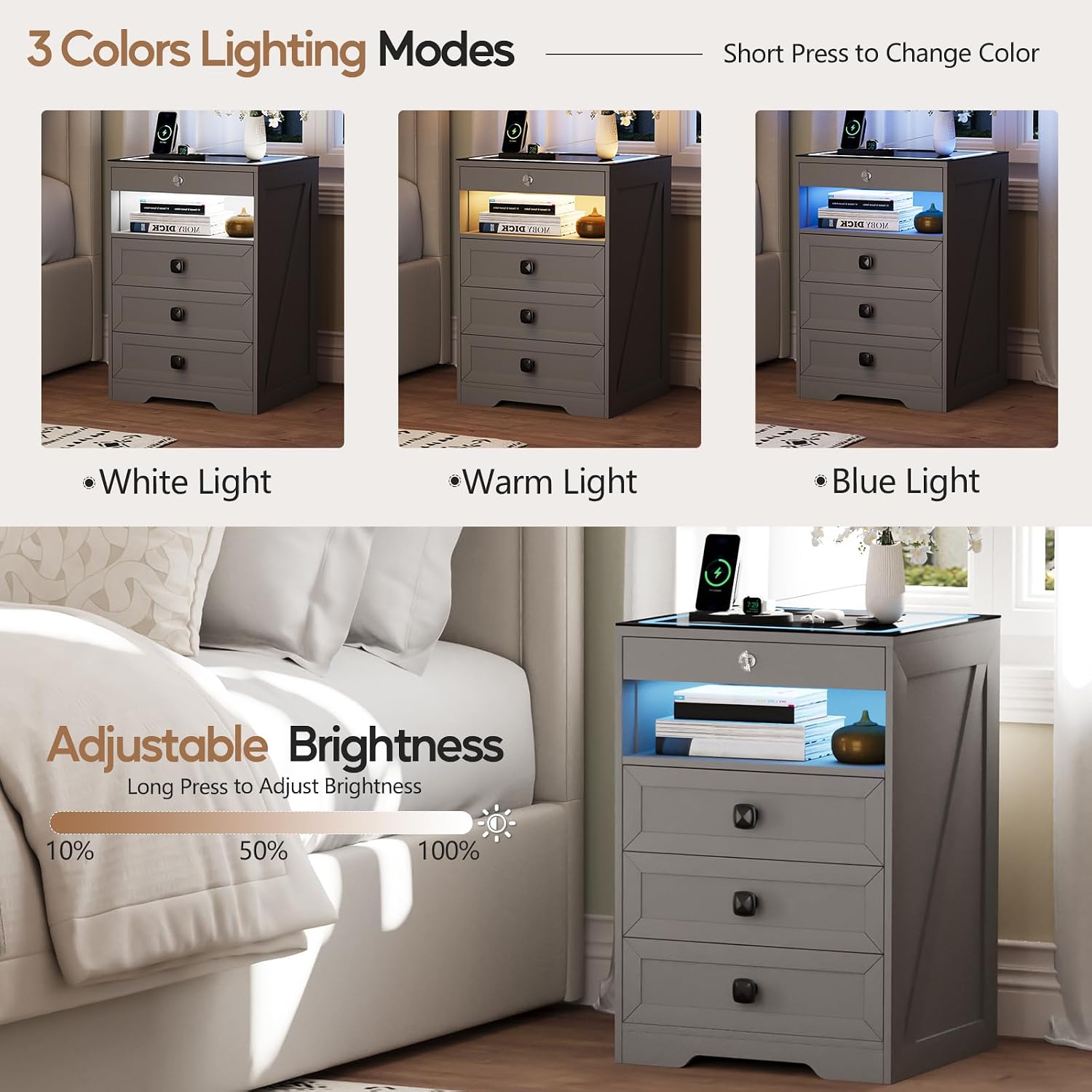 Smart LED Nightstand with Lockable Gun Drawer & Glass Top（Black） | Modern Bedside Table with Charging Station and Hidden Storage, LED Night Stand with 4 Drawers & Motion Sensor for Bedroom