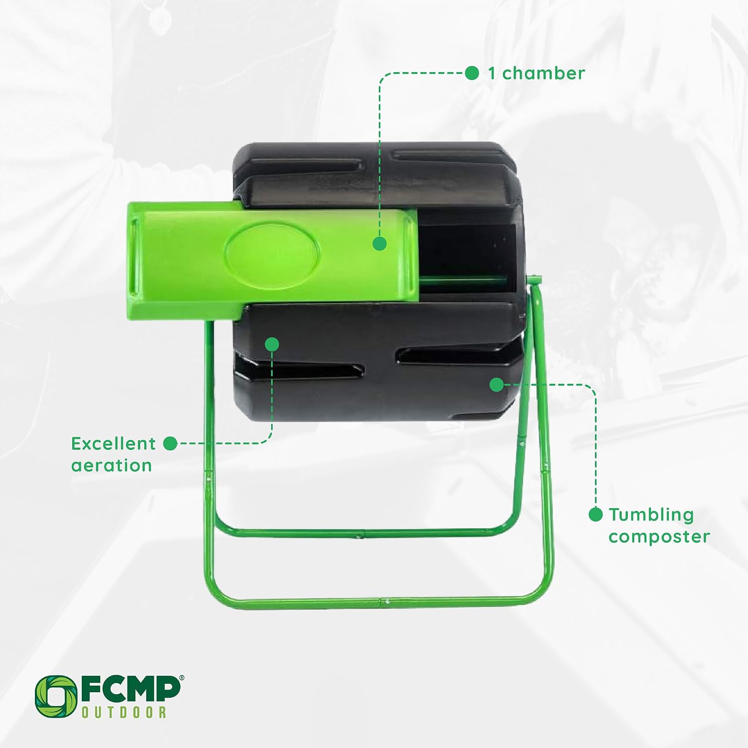FCMP Outdoor HOTFROG Roto Single Chamber Batch Tumbling Composter - Outdoor Rotating Garden Compost Bin (HF-RM4000) Black & Green (37-Gallon)