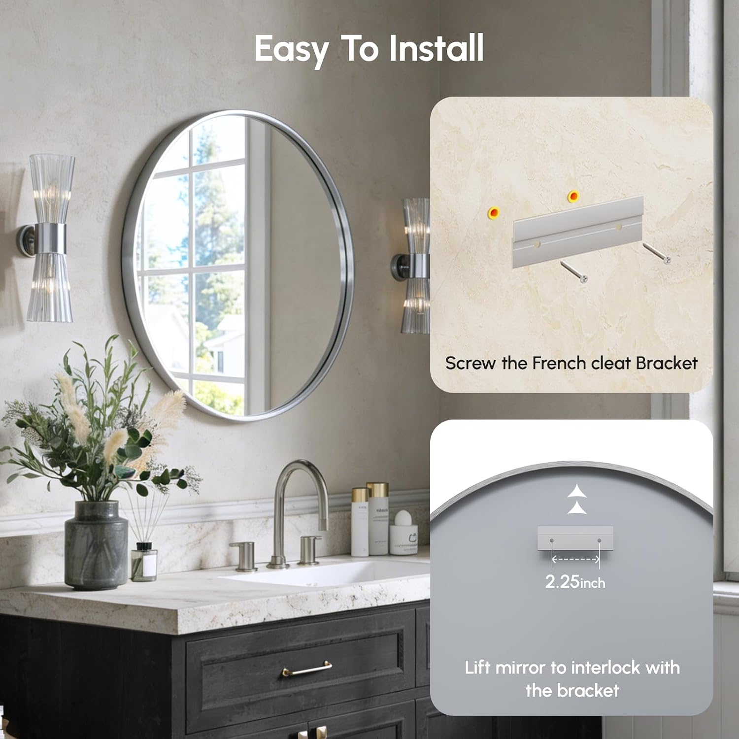 USHOWER Frameless Round Bathroom Mirror 24"