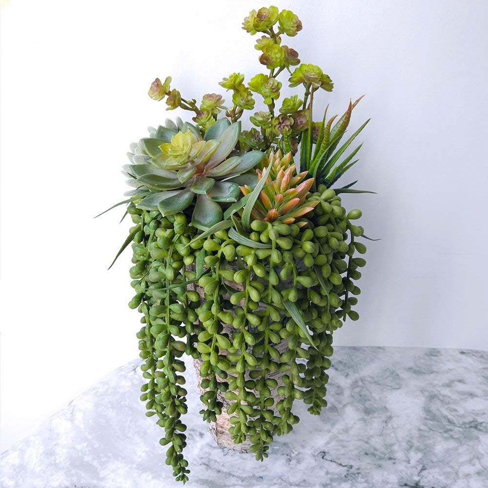 4 pcs Artificial Hanging Succulents Faux Burro's Tail Picks Trailing String of Pearls Succulent Fake Greenery Sprays 13.4" L for Basket Planter