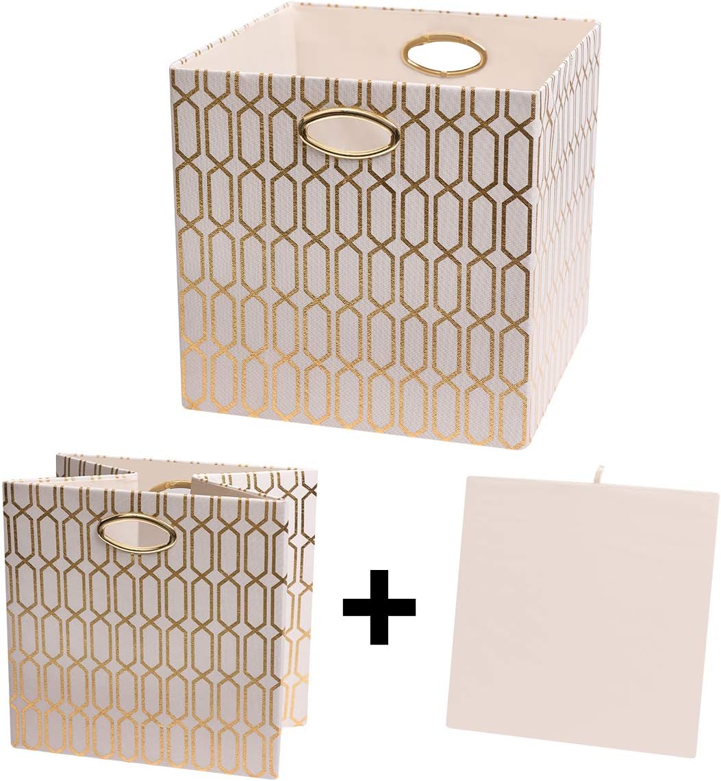 Posprica Storage Bins, Storage Cubes,13×13 Fabric Drawers Organizer Basket Boxes Containers (13×13×13/4pcs, Cream/gold geometry Pattern)