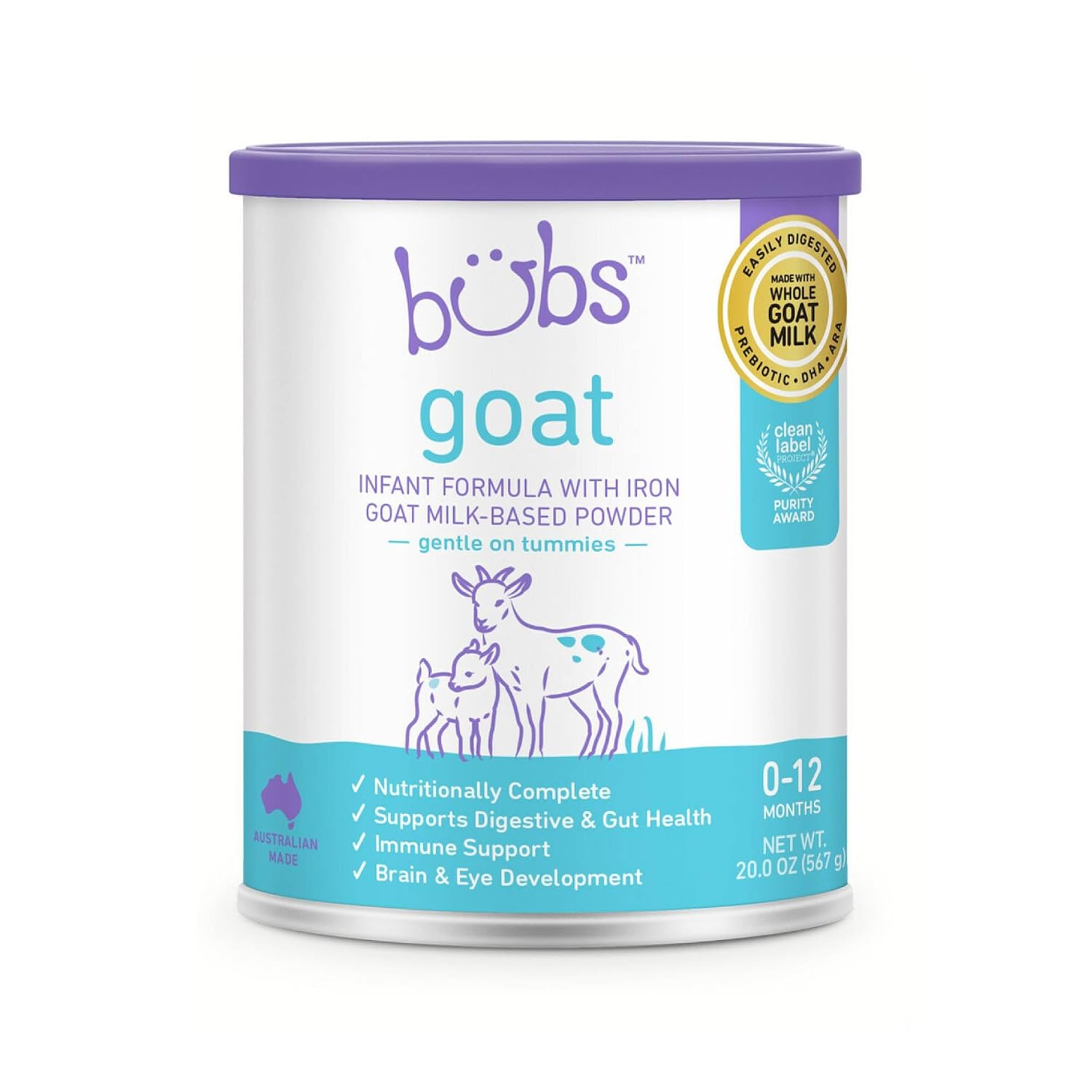 Bubs Whole Goat Milk Infant Formula for 0-12 Months, Non-GMO Milk, 20 oz | Goat Milk-Based Powder with Iron, DHA, ARA, Prebiotics & Essential Nutrients to Support Gentle Digestion