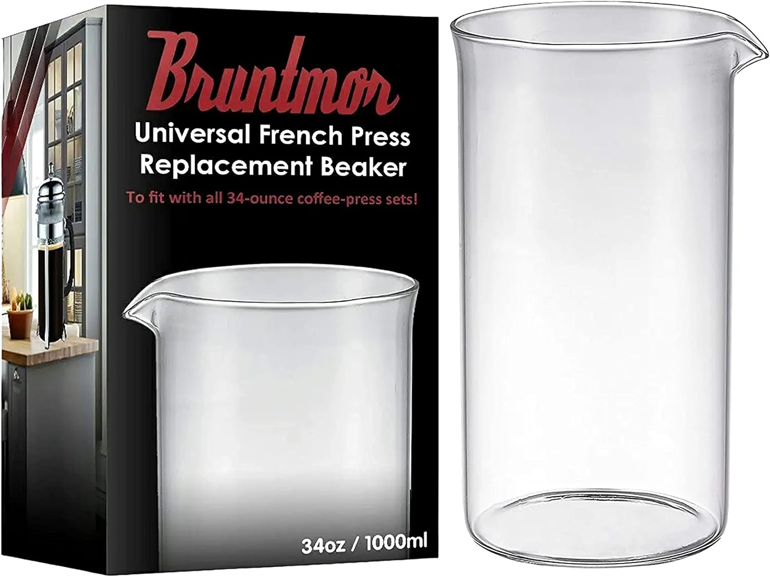 Bruntmor Spare Carafe for French Press, 34 oz French Press replacement Glass, Fire hardened Borosilicate Beaker, 34 ounce
