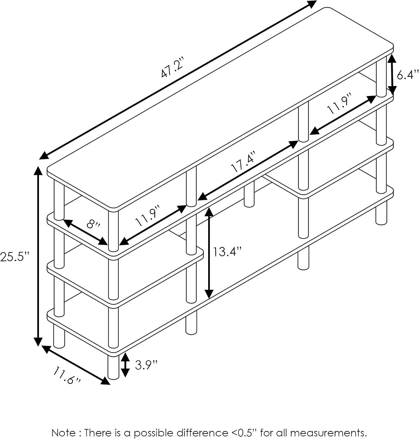 Furinno Nelly TV Stand, 3-Tier Entertainment Center with Open Shelves Storage, TV Console for TV up to 55 Inch, Soft Edges, for Living Room, Bedroom, Black