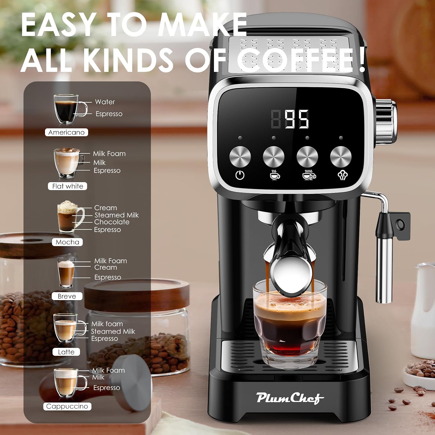 Plum chef Espresso Machine 20 Bar, Household Coffee Maker with Milk Frother Steam Wand, Pressure Gauge, 54oz Large Water Tank, Low Noise Fast Brew for Cappuccino Latte Macchiato Home Office