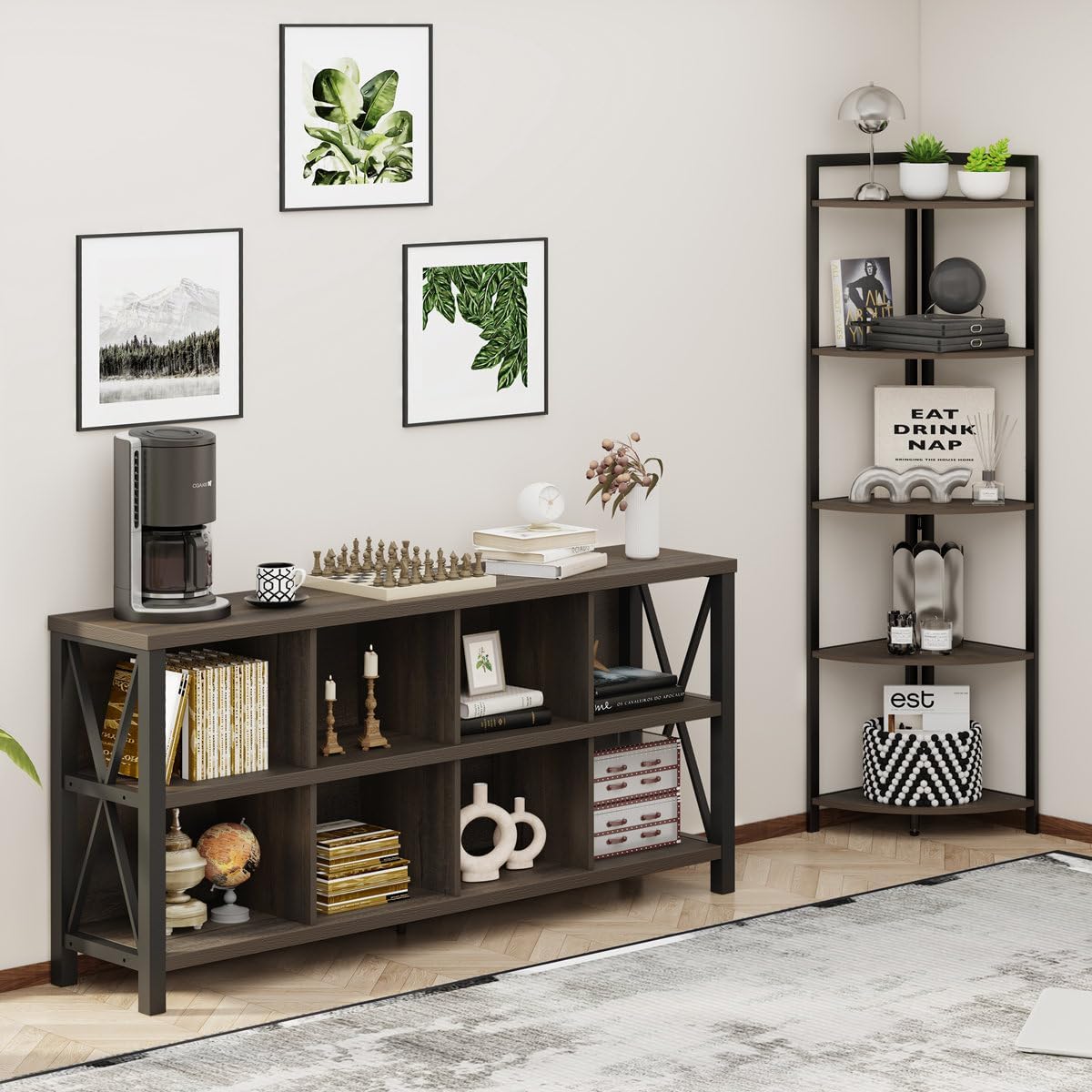 FATORRI 8 Cube Storage Organizer Bookshelf, 62 Inch Wood Horizontal Bookcase, Farmhouse Cube Long Book Shelf