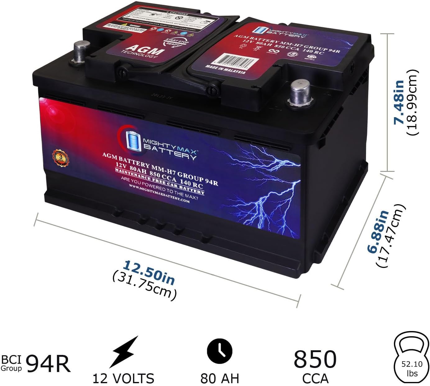 Mighty Max Battery MM-H8 Start and Stop Car BCI Group 49 12V 95Ah, 160RC, 900 CCA Rechargeable AGM Car Battery