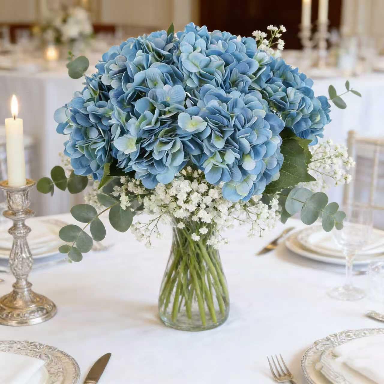 Kimura's Cabin 6pcs Silk Hydrangeas Artificial Flowers,Deep Lake Blue