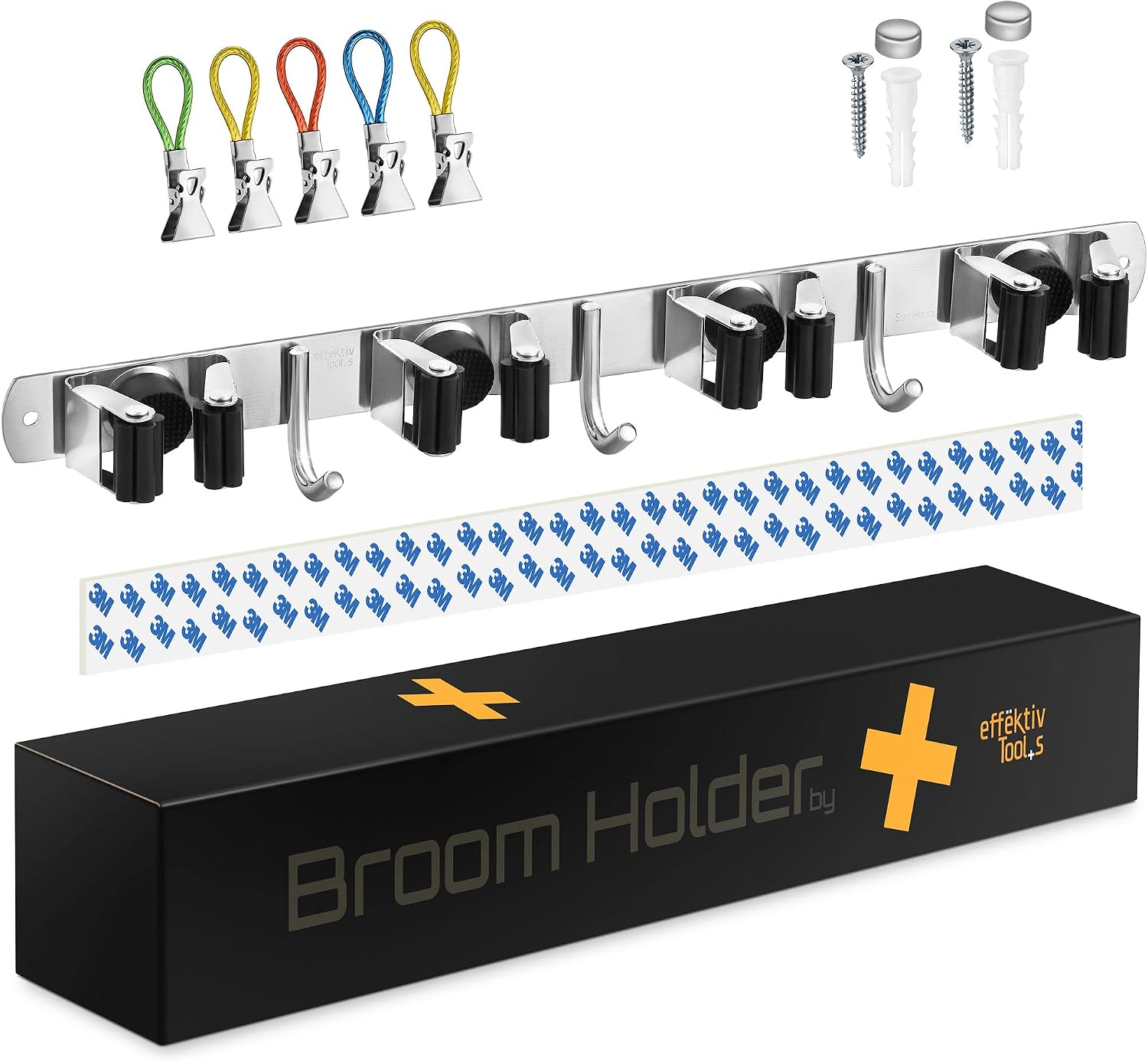 Wall Mount Hanger for Brooms & Mops - Adhesive Stainless Steel Mops & Broom Holder, 4 Clamps, 3 Hooks