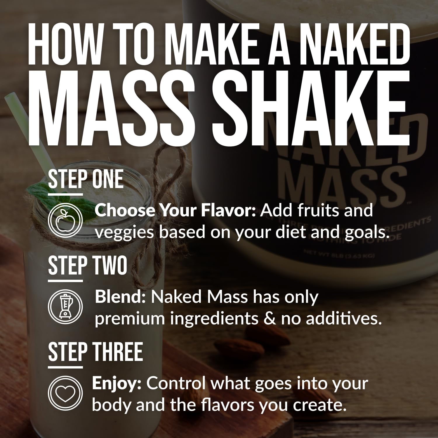 NAKED Mass - Natural Weight Gainer Protein Powder - 8 LB Bulk, NSF Certified, GMO Free, Gluten Free & Soy Free. No Artificial Ingredients - 1,250 Calories per Serving
