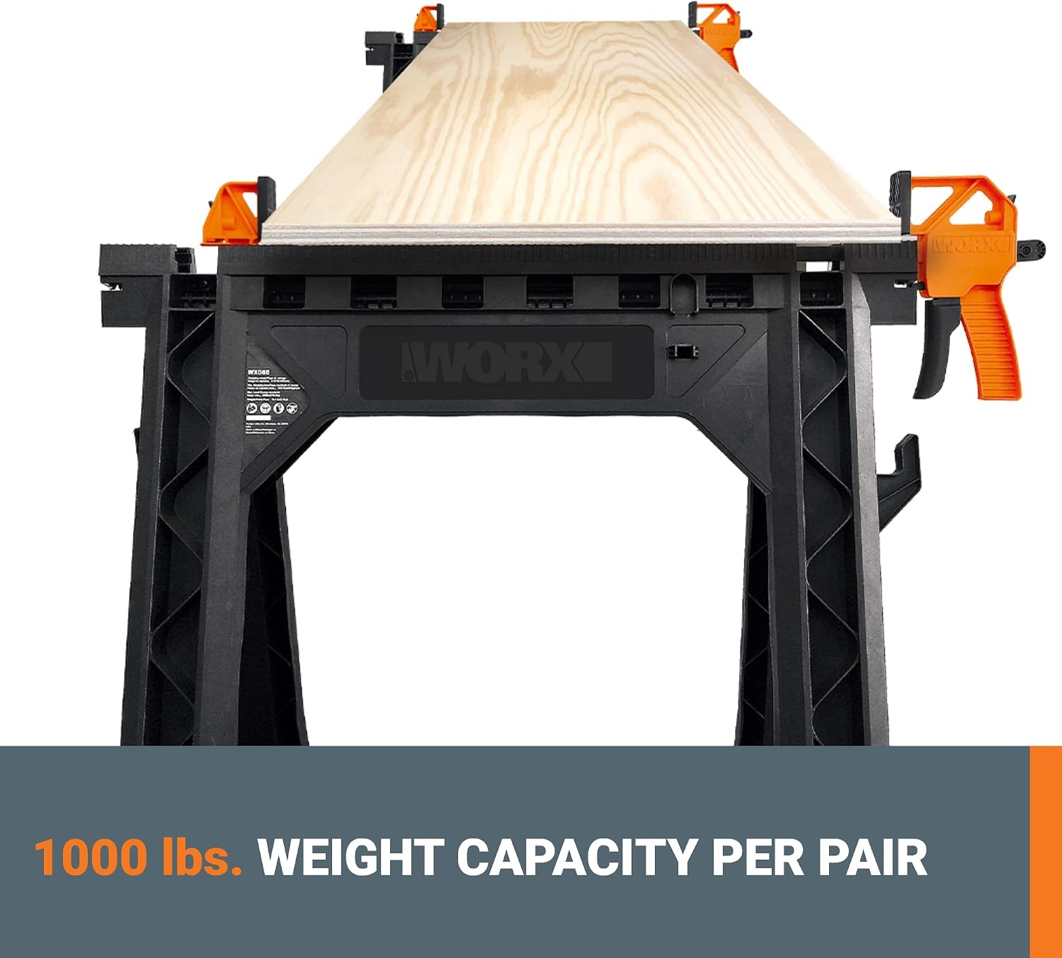 WORX Portable Folding Workbench, 2-in-1 Pegasus Table & Sawhorse, WX051 | 31"×25"×32" dimension, heavy load capacity, fast setup, includes 2 clamps & 4 clamp dogs, lightweight portable design