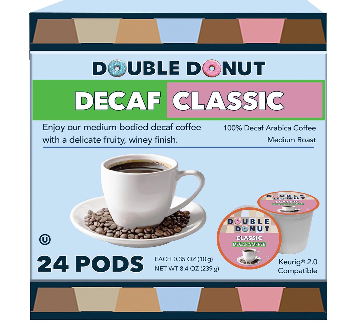 Double Donut Coffee Double Donut Medium Roast Decaf Coffee Pods, Classic, for Keurig K-Cup Machines, 24 Single-Serve Capsules per Box