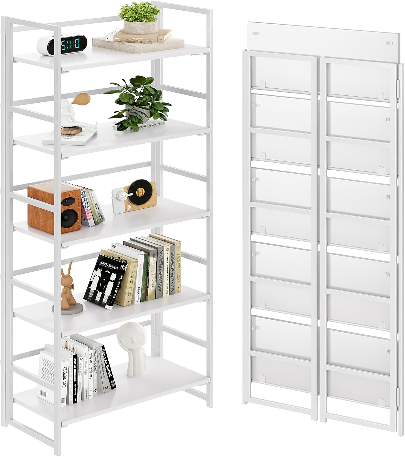 Vintage Multifunctional Folding Bookshelf, No-Assembly Plant Stand Storage Rack Shelves for Home Office (Fire, 5-Tier)