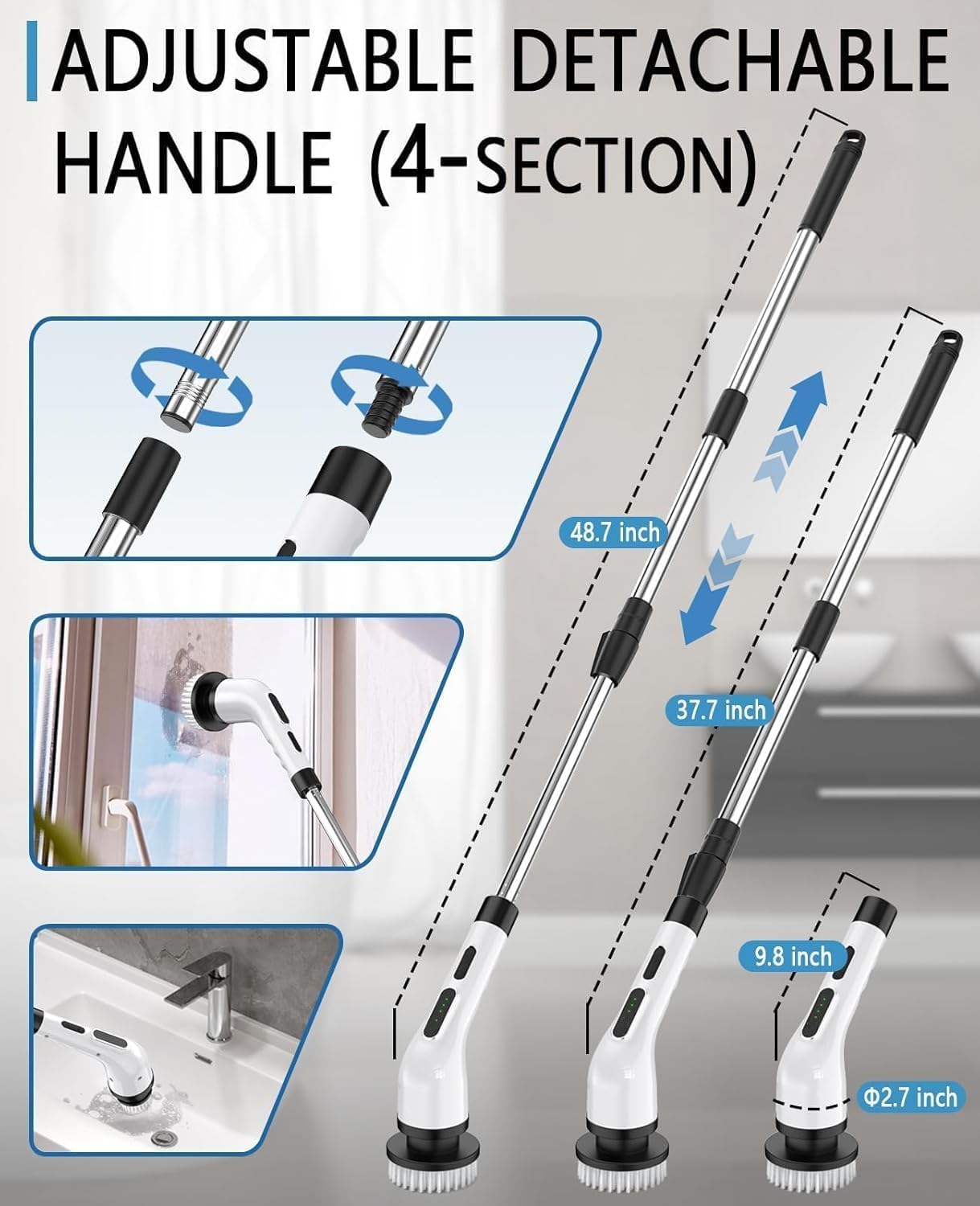 Electric Spin Scrubber for Cleaning Bathroom, Shower Scrubber Cordless Cleaning Brush with IPX7 Waterproof & 3 Speed, 9 Brush Heads