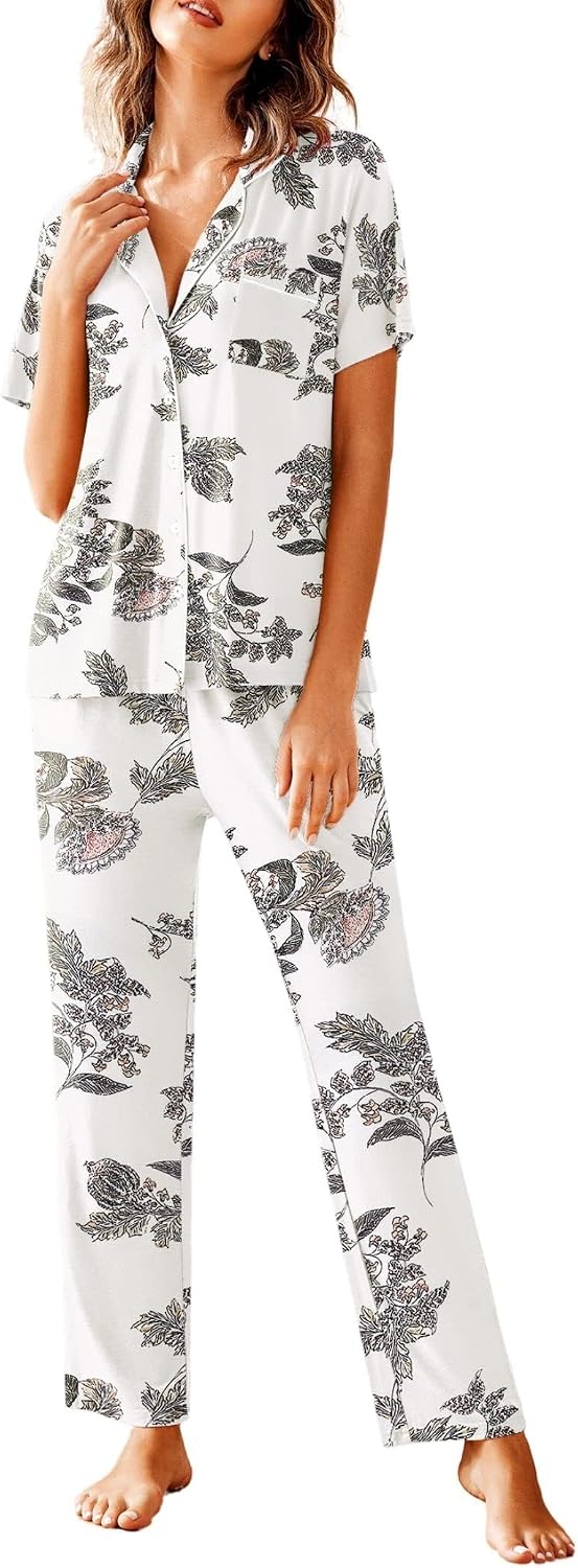Avidlove Women Pajamas Set Notch Collar Soft Sleepwear Pjs Short Sleeve Button Down Nightwear with Long Pants