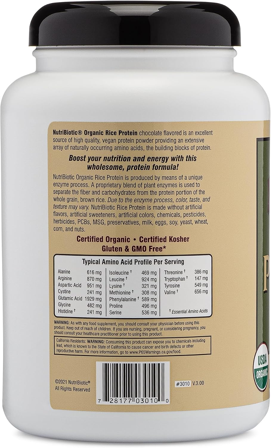 NutriBiotic Certified Organic Plain Rice Protein, 21 Ounce | Low Carbohydrate Vegan Protein Powder | Raw, Certified Kosher & Keto Friendly | Made Without Chemicals, GMOs & Gluten | Easy to Digest