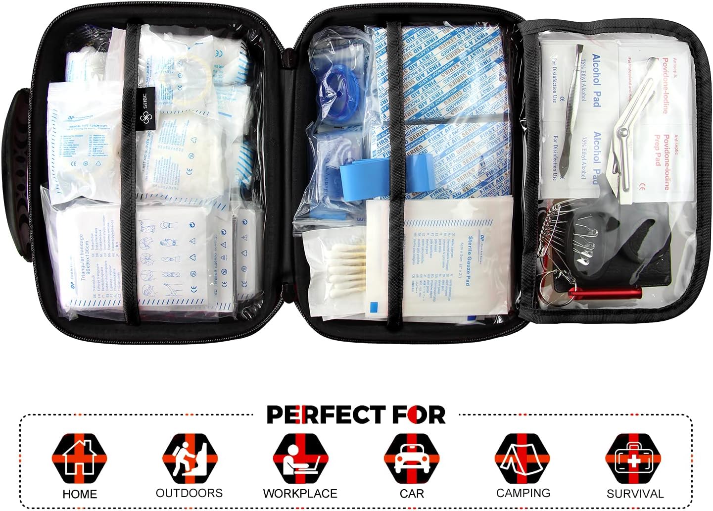 Compact First Aid Kit (228pcs) Designed for Family Emergency Care. Waterproof EVA Case and Bag is Ideal for The Car, Home, Boat, School, Camping, Hiking, Office, Sports. Protect Your Loved Ones. Red