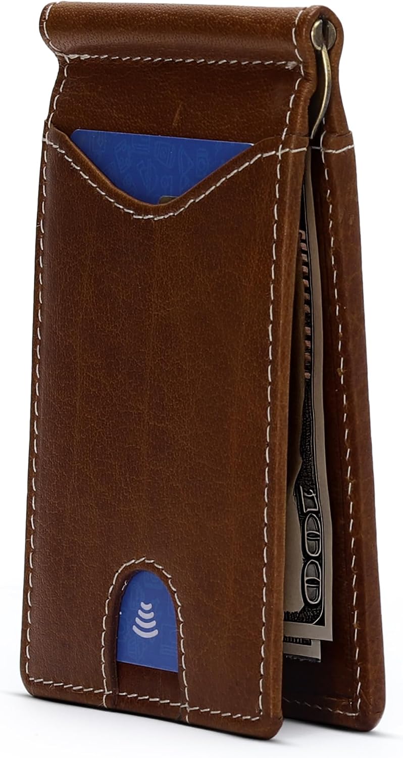 Genuine Bison Leather Wallet for Men, RFID Slim, Brown | Genuine bison leather wallet for men with RFID blocking and curved front pocket fit. Rugged slim everyday carry, brown.