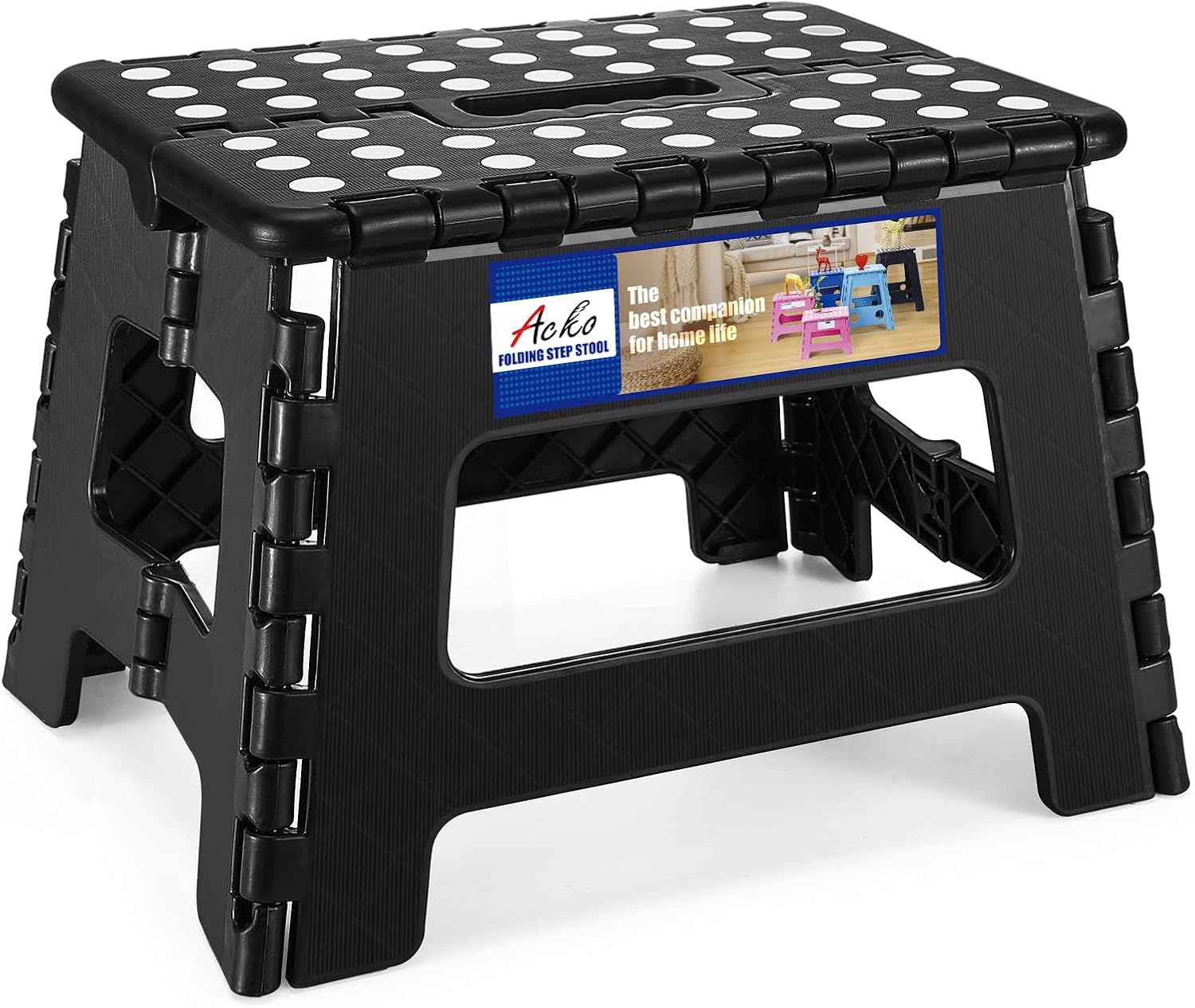 ACKO 13 Inch Folding Step Stool, Holds 300 lb for Adults and Kids, Black | Collapsible Heavy Duty Foldable Stools, Portable Non-Slip Foot Stepping stool, Kitchen Bathroom Bedroom Outdoor with Handle