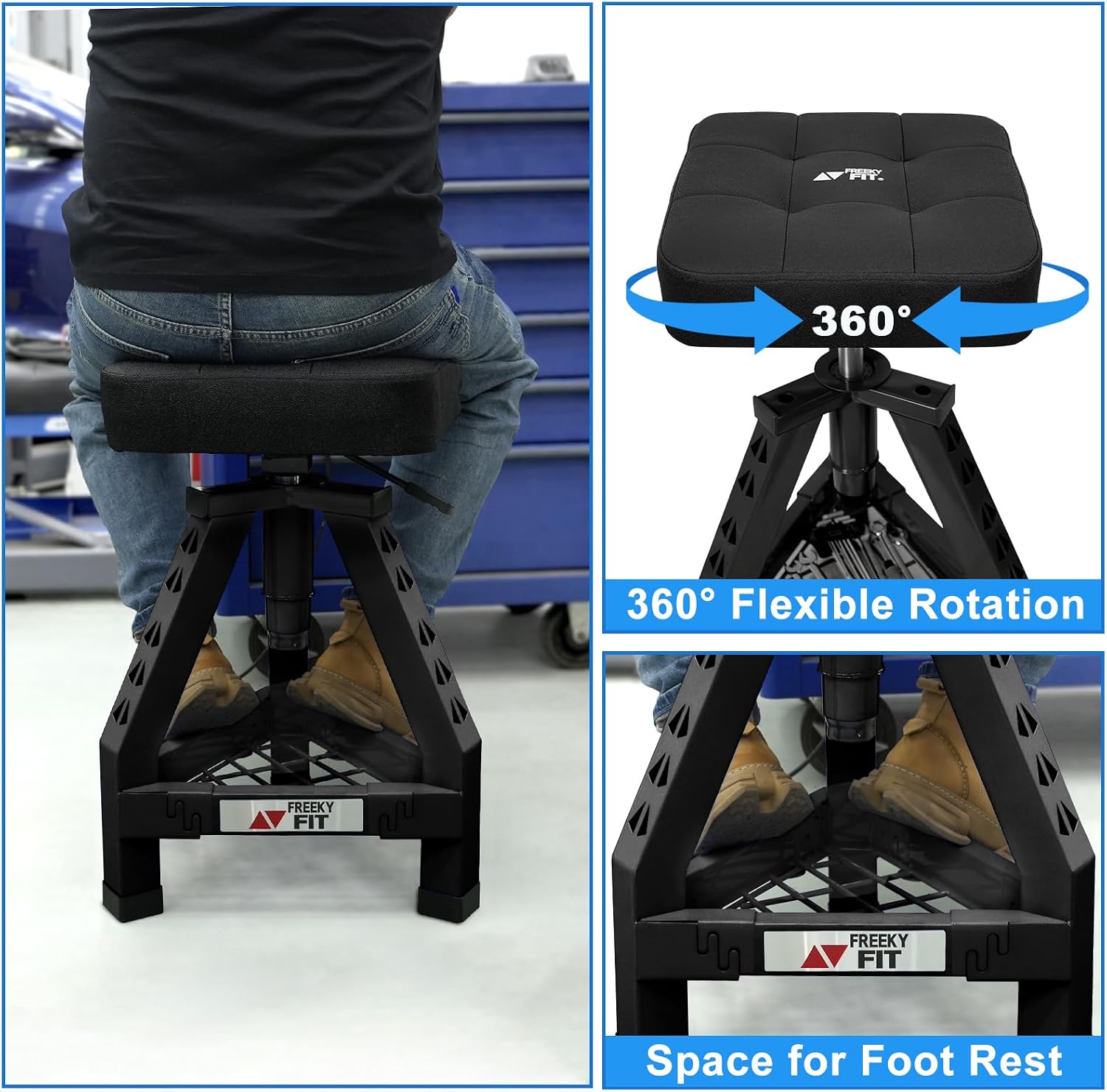 Adjustable Shop Stool,Garage Mechanic Stool Chair,Work Seat for Workshop, Adjustable Height, 360° Swivel Padded Square Seat,Tool Storage, 350 LBS Capacity, Heavy Duty, Blue