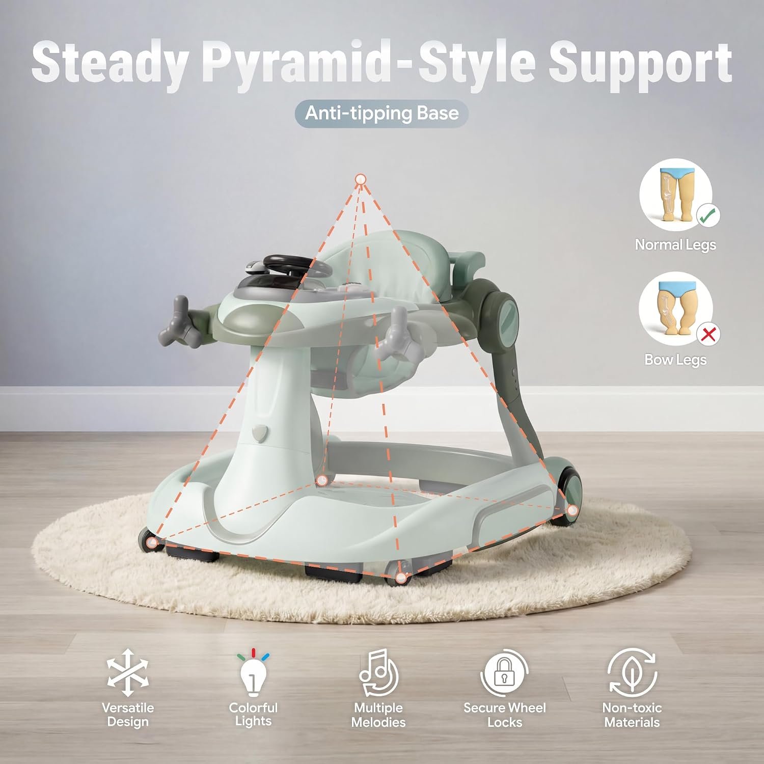 7 in 1 Foldable Baby Walker, Rock/Push Mode/Activity Center, Green | Adjustable Height & Speed, Music, Lights, Footrest, Detachable Play Toy Panel, Walker with Wheels for Infants 7-18 Months