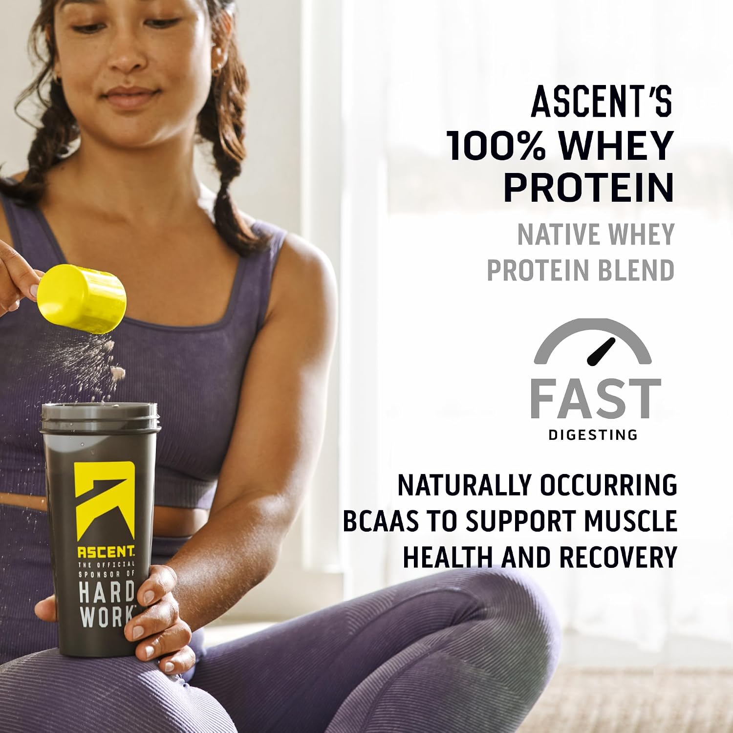 Ascent 100% Whey Protein Powder - Post Workout Whey Protein Isolate, Zero Artificial Flavors & Sweeteners, Gluten Free, 5.5g BCAA, 2.6g Leucine, Unflavored 2 lb