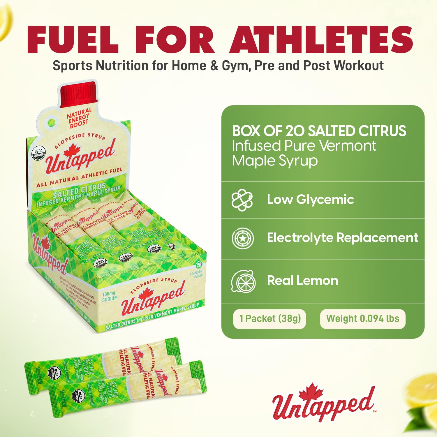UnTapped Vermont Maple Syrup Packets for Athletes, Box of 20-0.96 Fl Oz | Organic Pure Maple Syrup for Natural Endurance Energy | Fuel to Keep You Running Longer